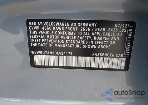 2013 Volkswagen Cc 3.6L Vr6 Executive из США, поврежденный, VIN WVWGU7AN3DE524175